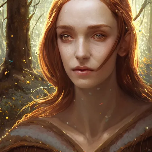 Image similar to portrait of a proud elf, her hair is copper, she is a wood elf, shade and sparkles, trees and leave are surrounding her, calm piece, masterpiece, oil on canvas, art by Greg Rutkowski and Karakter, trending on artstation, delicate, sharp focus, 4k, digital art