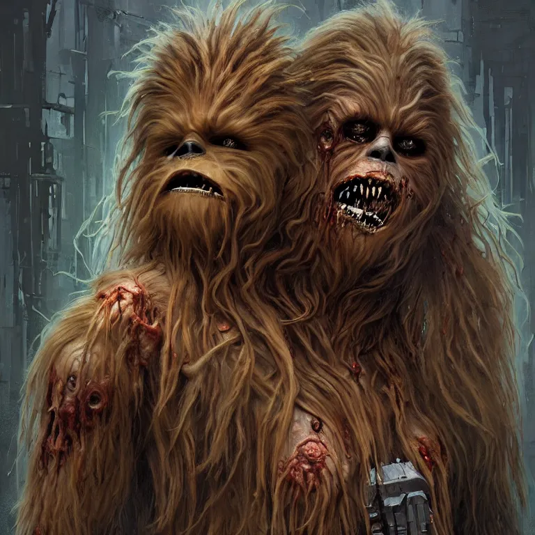 Prompt: scary horrific zombie chewbacca and rotting wookies, dark star wars fantasy, body horror, sores and scars, undead. highly detailed, biopunk, digital painting, by greg rutkowski, artgerm, giger and alphonse mucha