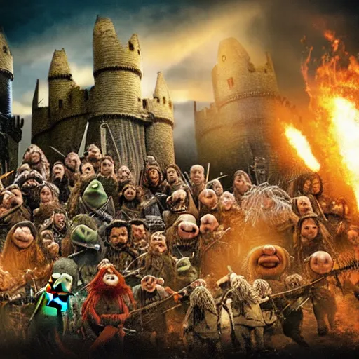 Image similar to The muppets in the battle of helms deep wide angle battle scene, highly textured, hyperrealism, explosions, award winning, gritty