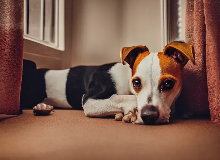 Image similar to photography of a Jack Russel . watching outside the window. on a bed. in a vintage room full of vinyls and posters.,volumetric light, photorealistic,, award winning photo, 100mm, sharp, high res