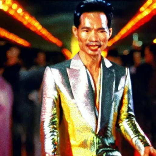 Prompt: A still of Ho Chi Minh wearing a disco suit in Saturday Night Fever