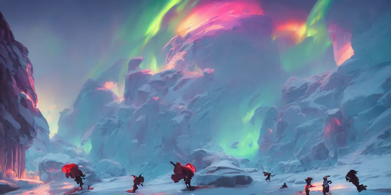 Prompt: epic showdown in blizzard, rainbow lights, aurora, behance hd artstation by jesper ejsing by rhads, makoto shinkai and lois van baarle, ilya kuvshinov, ossdraws