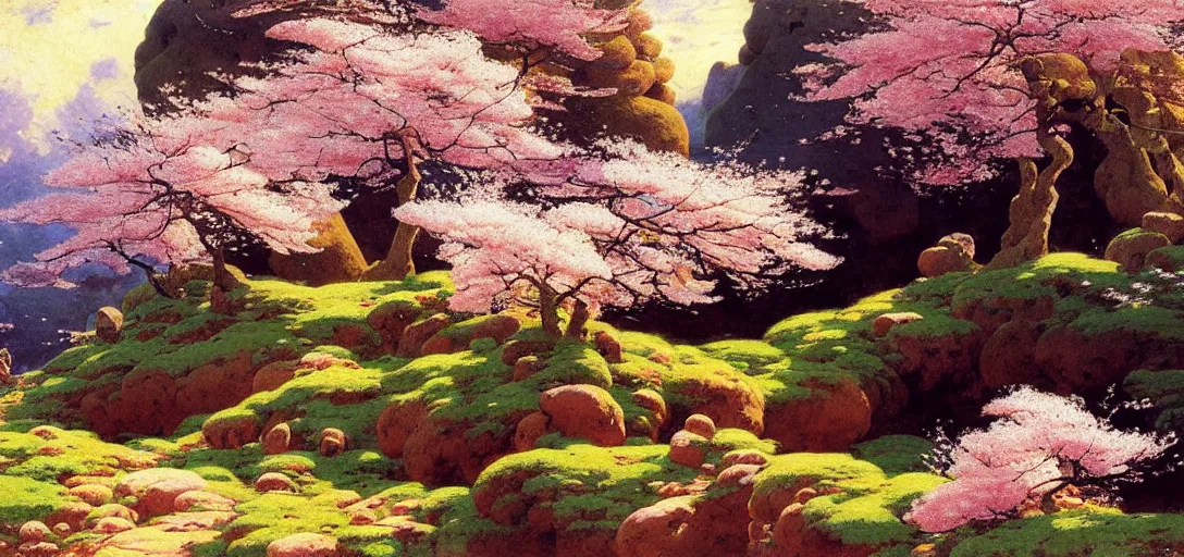 Prompt: ghibli illustrated background of a strikingly beautiful landform with strange rock formations and cherry blossoms by vasily polenov, eugene von guerard, ivan shishkin, albert edelfelt, john singer sargent, albert bierstadt 4 k