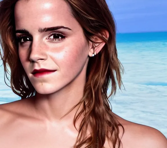 Prompt: color still shot of emma watson on bikini destinations tv show, face closeup,