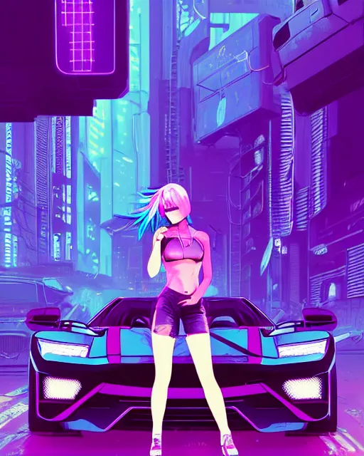 Image similar to digital illustration of cyberpunk pretty girl with blue hair, standing in front of a purple lamborghini, in junkyard at night, by makoto shinkai, ilya kuvshinov, lois van baarle, rossdraws, basquiat