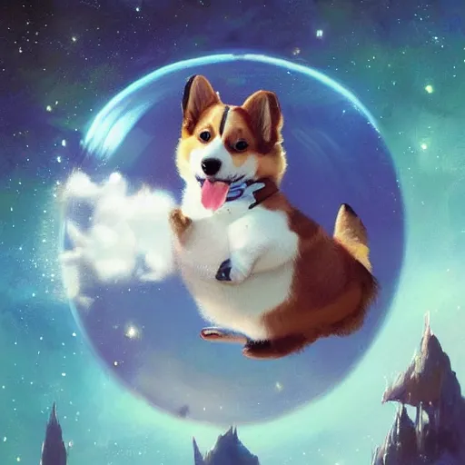 Prompt: a happy corgi puppy floating in outer space, sci - fi, hyperrealistic, very lifelike, adorable, cute, happy, highly detailed digital painting, illustrated by greg rutkowski, artgerm, moebius, simon stalenhag, ruan jia, makoto shinkai, alphonse mucha, trending on artstation, 8 k