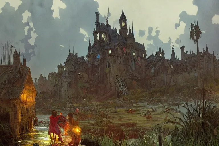 Prompt: a beautiful moody painting of murky swamp with a wrecked castle, peasants living in a slums looking at the castle, by Joe Madureira and Greg Rutkowski and Alphonse Mucha