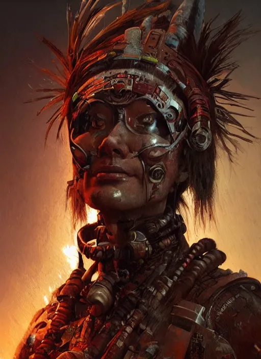 Image similar to hyper realistic photography portrait of postapocalyptic cyberpunk asian cyborg tribal aztec warrior amazon cinematic, vallejo, craig mullins greg rutkowski, artstation, cgsociety