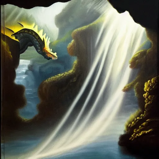 Prompt: oil painting of a dragon flying in the air near a cave with a waterfall in the center, light emanating from the waterfall leading to a big pool of water, dragon has black and white stripes, elegant, sharp focus, wide shot, clear, detailed, early renaissance