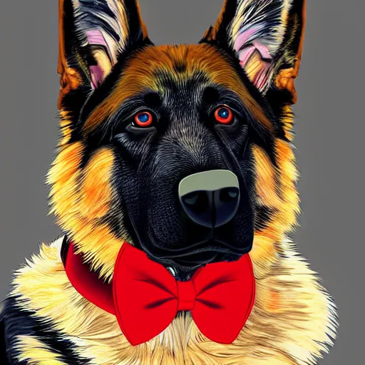 Prompt: german shepherd wearing a tuxedo with a red bow tie, digital art, highly detailed, vibrant colors, 8 k