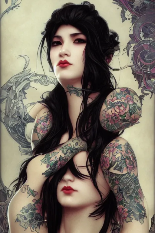 Prompt: portrait of goth yakuza girl tattoos, piercing, intricate, elegant, highly detailed, digital painting, artstation, concept art, smooth, sharp focus, illustration, art by artgerm and greg rutkowski and alphonse mucha and william-adolphe bouguereau