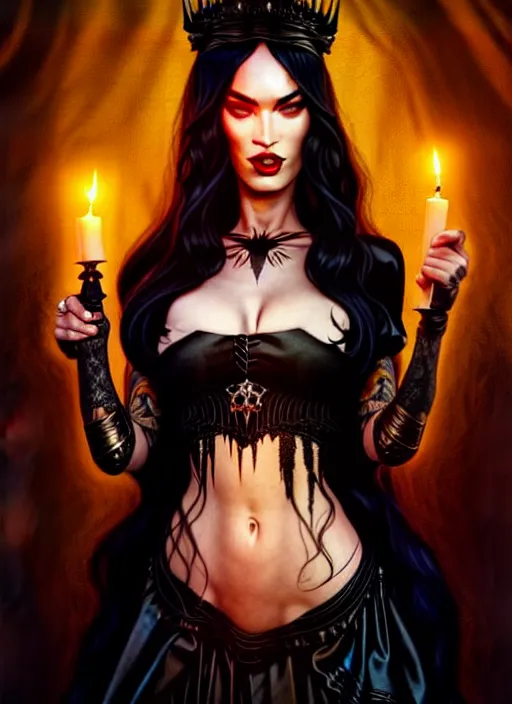 Image similar to megan fox witch queen, black eyes, blood, full body, intricate victorian dress, middle shot, cinematic lighting, studio quality, symmetrical eyes, artgerm, joshua middleton, rafael albuquerque, moody lighting, candles, art style by klimt and krenz cushart