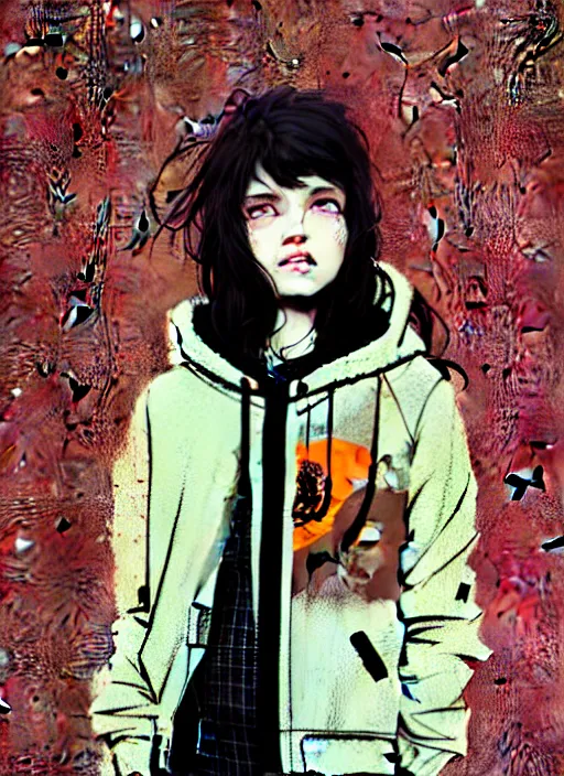 Image similar to highly detailed portrait of a cloudpunk young seattle lady, tartan hoody, by atey ghailan, by greg rutkowski, by greg tocchini, by james gilleard, by joe fenton, by kaethe butcher, gradient green, brown, blonde crea, orange, brown and white color scheme, grunge aesthetic!!! ( ( graffiti tag wall background ) )