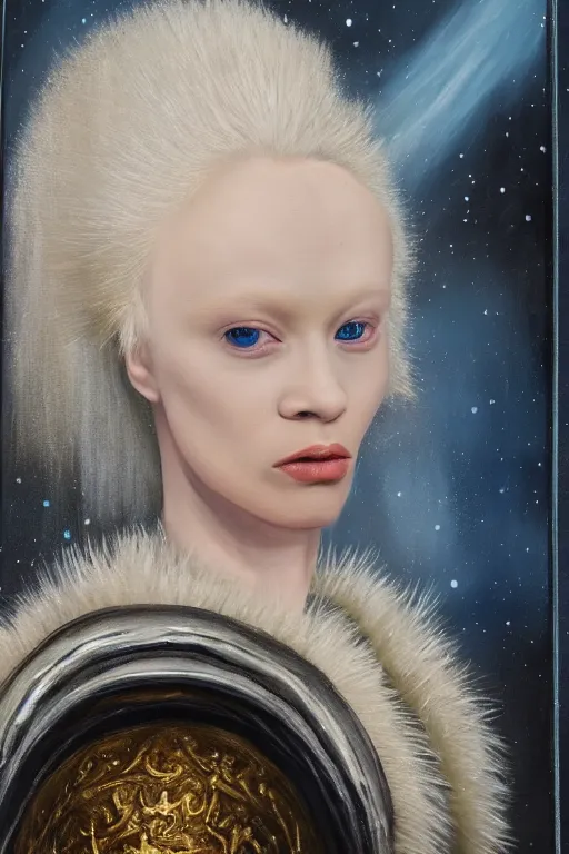 Image similar to hyperrealism oil painting, close - up portrait of albino medieval fashion model, knight, steel gradient mixed with nebula sky, in style of baroque