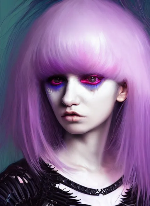 Image similar to hair whitebangs hair, black cyberlox, portrait of normal teenage girl, white bangs, messy bangs, fluffy bangs, cyberlox, whitebangs, red contact lenses, purple background, intricate, elegant, highly detailed, digital painting, artstation, concept art, sharp focus, smooth, illustration, art by wlop, mars ravelo and greg rutkowski