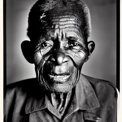 Image similar to black and white photo, portrait of 100 year old congo mineworker by richard avedon, realistic, Leica, medium format, cinematic lighting, parallax, high resolution,