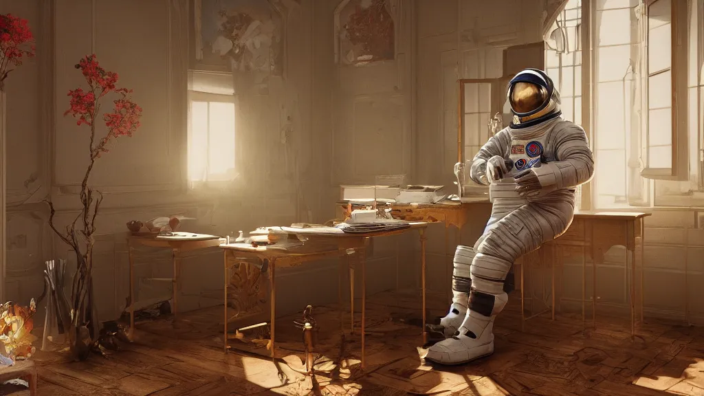 Image similar to a cosmonaut in a spacesuit sits at an old wooden desk with a flower vase, in a richly decorated Victorian house. the autumn light comes in through a window and dimly illuminates the room, diffuse light, octane render