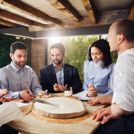 Image similar to a corporate meeting with people around a wood table looking at a huge camembert, soft lighting, high quality stock picture