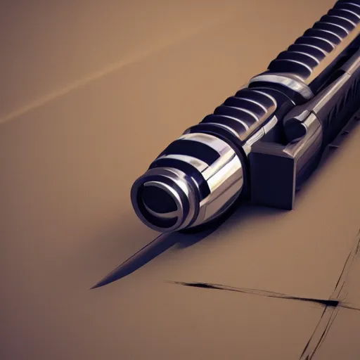 Prompt: lightsaber on a table, photorealistic render, 4 k, depth of field