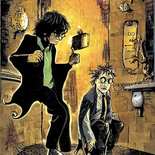 Prompt: in one frame Harry Potter with Sandman in The Sandman comic, by Neil Gaiman, by Dave McKean, comics Sandman, small details, clear faces, high detail