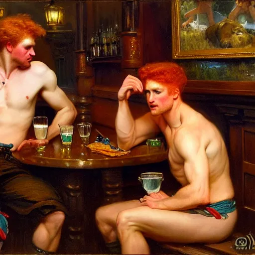 Image similar to attractive mike, wearing pants, with ginger hair with attractive tyler with brunet hair, drinking their hearts out, in a pub, no shirt. very defined and highly detailed painting by gaston bussiere, j. c. leyendecker, craig mullins 8 k