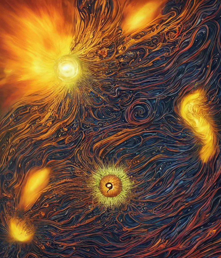 Image similar to impressive ominous cinematic fantastic realism comic book style painting of a spiraling exploding sun launching flowers across the dark cosmos, strange bouquets, lighting impressive masterpiece hyper ultra detailed intricate sharp focus 8 k realistic illustration canon eos r 3 fujifilm x - t 3 0 sony alpha, artgerm colorful!!!, trending on artstation behance cgsociety, octane render nvidia raytracing demo