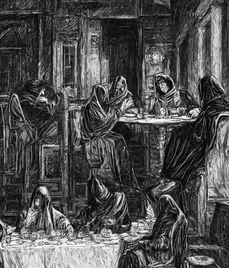 Prompt: scratchy black and white line art illustration of three cloaked figures plotting a heist in a byzantine cafe, by grimshaw, pollock, johan nohr, ultra wide angle, trending on artstation, rule of thirds, 4 k