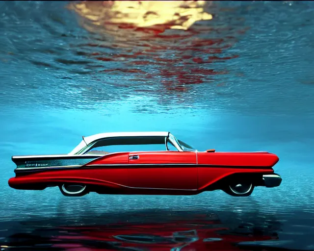 Prompt: red 1 9 5 8 plymouth fury submerged under water, cinematic, photoreal, by red dead redemption 2