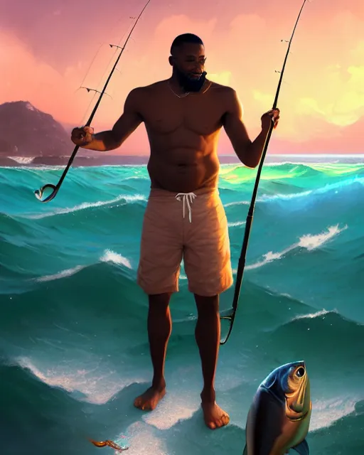 Image similar to a 3 0 - year old athletic and beautiful male jamaican, fisherman, modern clothing, magical fishing rod weapon, ocean background, unreal engine, fantasy art by greg rutkowski, loish, rhads, makoto shinkai and lois van baarle, ilya kuvshinov, rossdraws, tom bagshaw, global illumination, radiant light, detailed and intricate environment