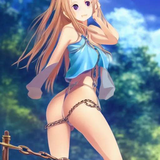 Image similar to a very beautiful young yuuki asuna, full body, long wavy blond hair, sky blue eyes, full round face,, shiny golden bikini, hands in chains, miniskirt, front shot, highly detailed, cinematic wallpaper by stanley artgerm lau