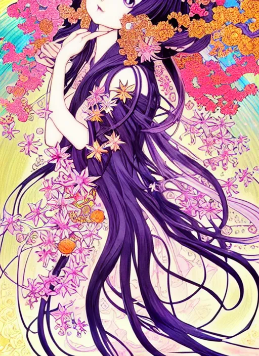 Image similar to exquisite imaginative manga poster art of a girl, long wavy hair, stars, flowers, rococo dress, pearlescent, shimmering, by kojima ayami, shigenori soejima, minaba hideo, alphonse mucha, jump comics, shogakukan, art nouveau, illustration, artstation, highly detailed, 8 k, colorful, maximalist