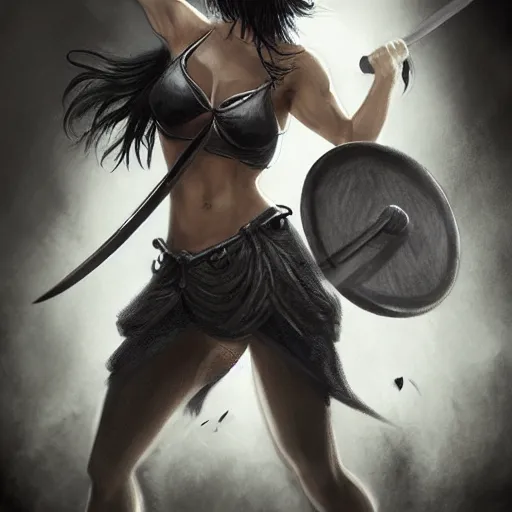 Prompt: an action photo of a black haired woman in a black tank top in a sword fight, muscular upper body, abs, d & d, fantasy, intricate, elegant, highly detailed, realistic, trending on artstation