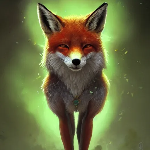 Prompt: a anthropomorphic fox warrior with green fur, diffuse lighting, fantasy, intricate, elegant, highly detailed, lifelike, photorealistic, digital painting, artstation, illustration, concept art, smooth, sharp focus, naturalism, trending on byron's - muse, by greg rutkowski and greg staples and magali villeneuve