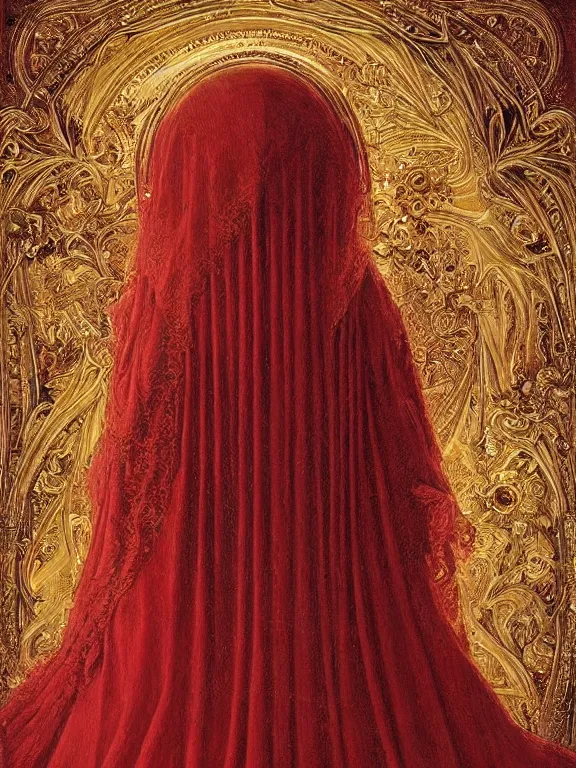 Image similar to a beautiful render of baroque catholic veiled red queen , with symmetry intricate detailed,by LEdmund Leighton, peter gric,aaron horkey,Billelis,trending on pinterest,hyperreal,jewelry,gold,intricate,maximalist,glittering,golden ratio,cinematic lighting