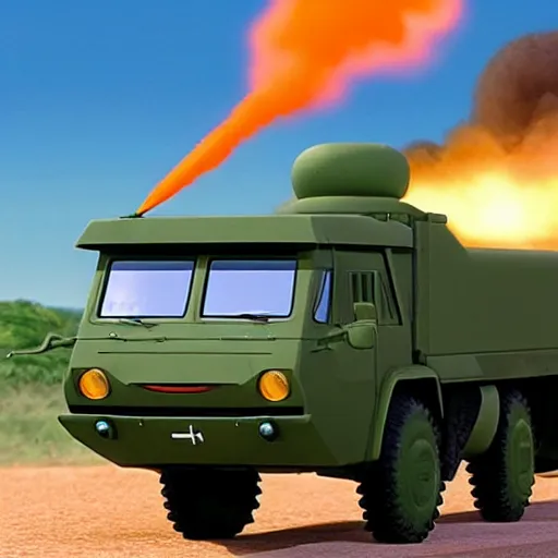 Image similar to HIMARS with rockets, Cars Pixar movie style, detailed, green