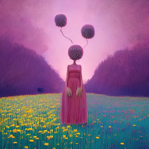 Prompt: girl with giant flower for a face, surreal photography, dream, dress made from the flower field she walks through, hills, big trees, sunrise dramatic light, impressionist painting, colorful clouds, digital painting, pointillism, artstation, simon stalenhag