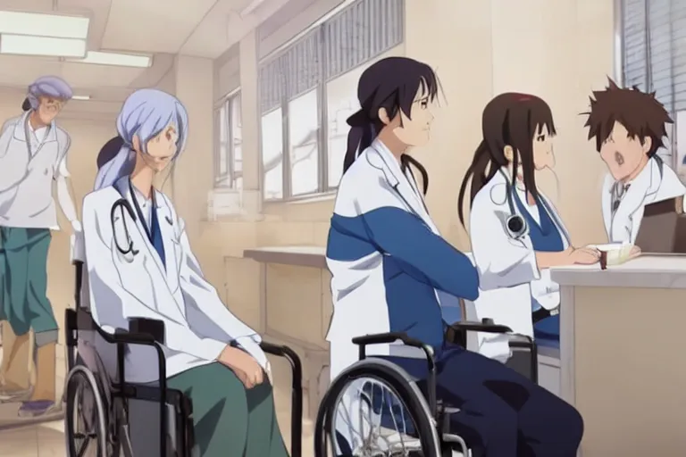 Image similar to a cute young female doctor wearing white coat are serving an old man in a wheelchair in a hospital, slice of life anime, lighting, anime scenery by Makoto shinkai