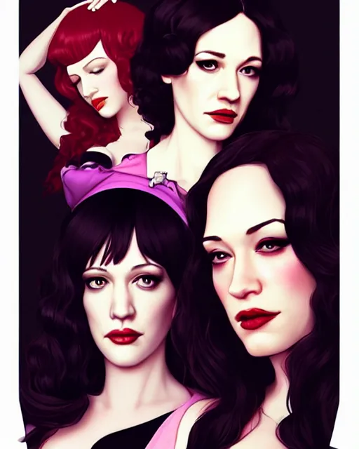 Image similar to kat dennings christina hendricks jennifer tilly, in a dress, by wlop and ilya kuvshinov and artgerm