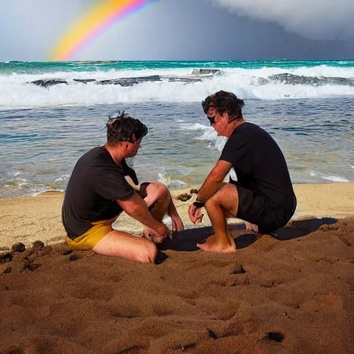 Prompt: two guys in hawaii, sick with covid on the beach, with a rainbow, photograph