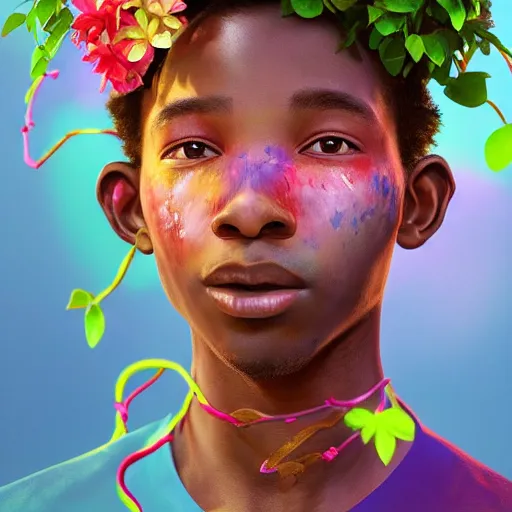 Image similar to colourful vfx art - portrait of smiling nigerian boy wrapped in flowers & vines, art by hsiao - ron cheng & james jean, volumetric light, ray tracing, sharp, detailed, digital painting, illustration, highly detailed, intricate detail, unreal engine, octane render, pinterest, behance, art station,