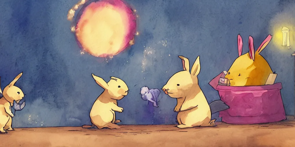 Image similar to drowzee making a new dream for a rabbit, watercolor, movie, concept art, warm lighting, vivid colours, cute