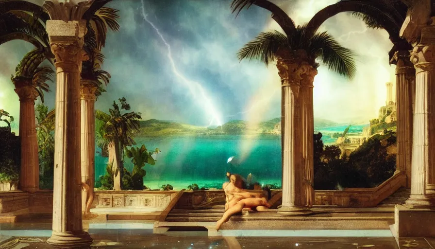 Image similar to Inside the Palace of the occult, mediterranean balustrade and columns, refracted sparkles, thunderstorm, greek pool, beach and Tropical vegetation on the background major arcana sky and occult symbols, by paul delaroche, hyperrealistic 4k uhd, award-winning, very detailed paradise