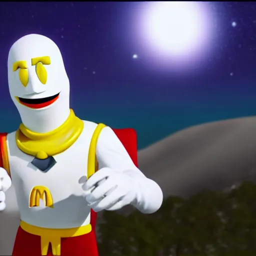 Image similar to moonman mac tonight, mcdonalds commercial, realistic, hdr, hdd, 8 k,