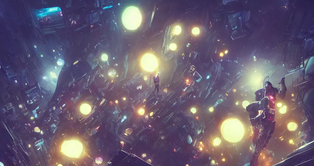 Prompt: galaxy, cyberpunk, floating lanterns, trending on artstation, nebula, milky way, people on the ground, detailed, intricate, digital art, super super stunning visuals