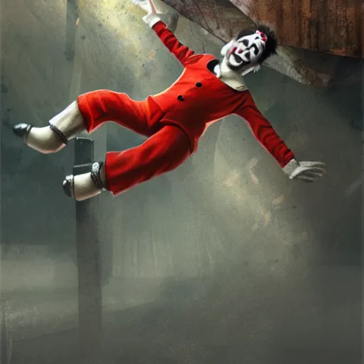 Image similar to clown falling from under a bridge, concept art, artstation, realistic photo, dark, highly detailed, 4 k