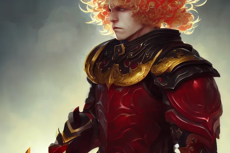 Image similar to digital art of a pale menacing male Blood Knight Angel with fluffy blond curls of hair and piercing red eyes, gilded black uniform, he commands the fiery power of resonance and wrath, by WLOP, Artstation, CGsociety