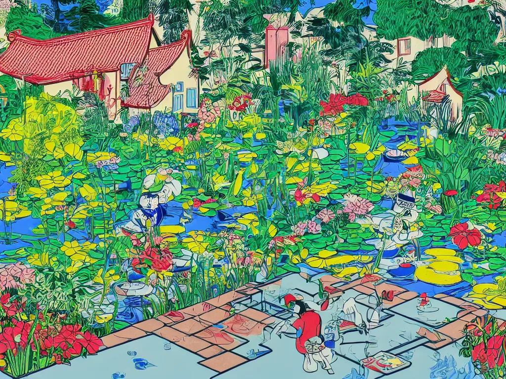 Prompt: close - up image of a house with a garden, a pond in the garden, startroopers are sitting around it, a combination of pop art and traditional japanese painting styles, the style of andy warhol, roy lichtenstein and jackie tsai, bright palette, acrylic on canvas