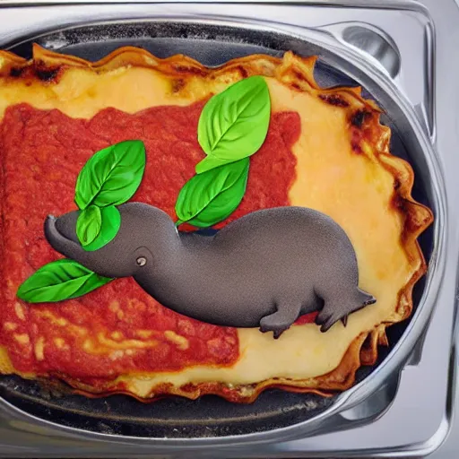 Image similar to platypus wearing a chef hat while putting a lasagna in an oven, with three basil leaves over the lasagna