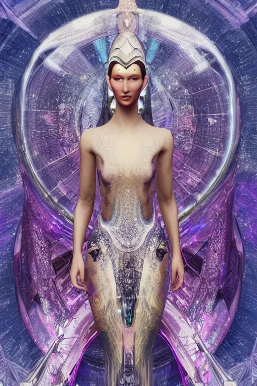 Image similar to a portrait of a beautiful ancient alien woman goddess bella hadid deity standing in iris van herpen dress in diamonds and fractals in style of alphonse mucha art nuvo dmt trending on artstation made in unreal engine 4