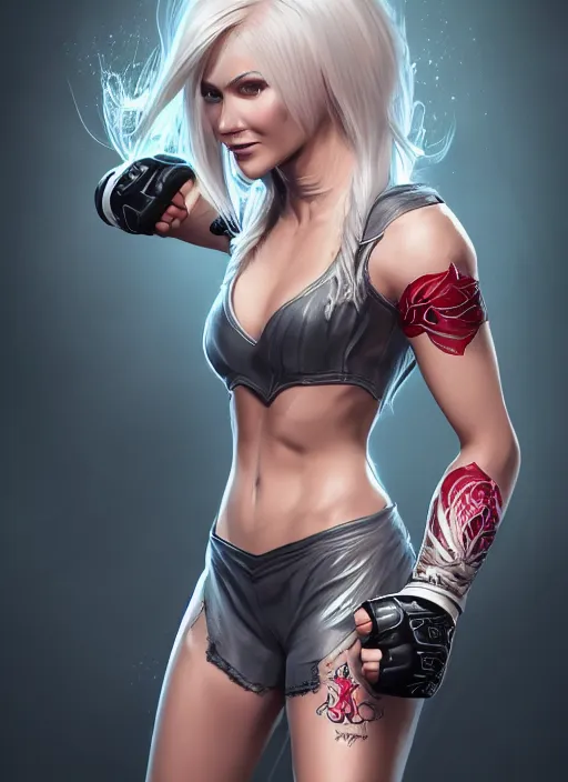 Image similar to a highly detailed illustration of fierce platinum blonde woman wearing mma gear, dramatic smile pose intricate, elegant, highly detailed, centered, digital painting, artstation, concept art, smooth, sharp focus, league of legends concept art, WLOP